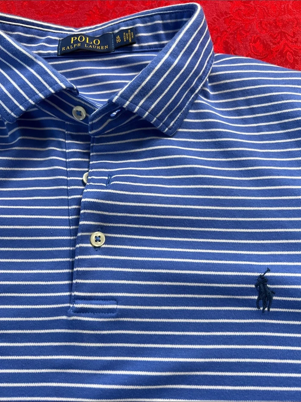 Polo Ralph Lauren Blue White Striped Polo Shirt Men's XL Cotton Short Sleeve